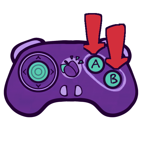  A drawing of a video game controller, with red arrows pointing to its “A” and “B” face buttons. The controller doesn’t look like any specific existing brand, but generally looks closer to a “classic” style, or pre-fourth console generation controller. It is mostly a slightly dark purple, with lavender and teal accents. It has an analog stick on the left, a logo of a plum and two small, semi-circle shaped buttons in the middle, and circular “A” and “B” buttons on the right, as well as two visible shoulder buttons, one on each side. The controller has short “thighs” or handles for ergonomics on either side.